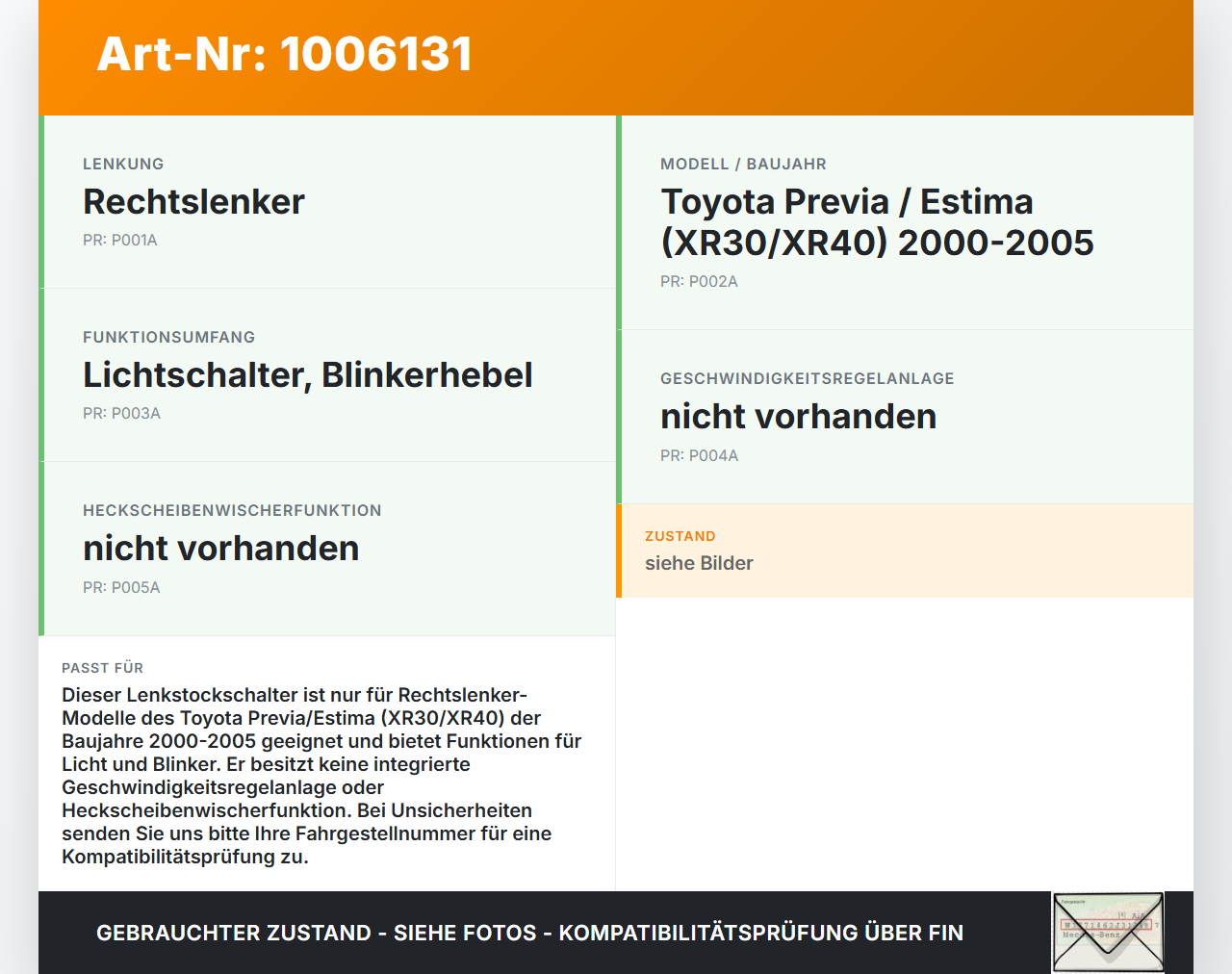 Toyota Previa Estima R3 00-05 Lenkstockschalter Lichtschalter Blinkerhebel Toyota Previa Estima R3 00-05 01.07.2000... Vorschau 3