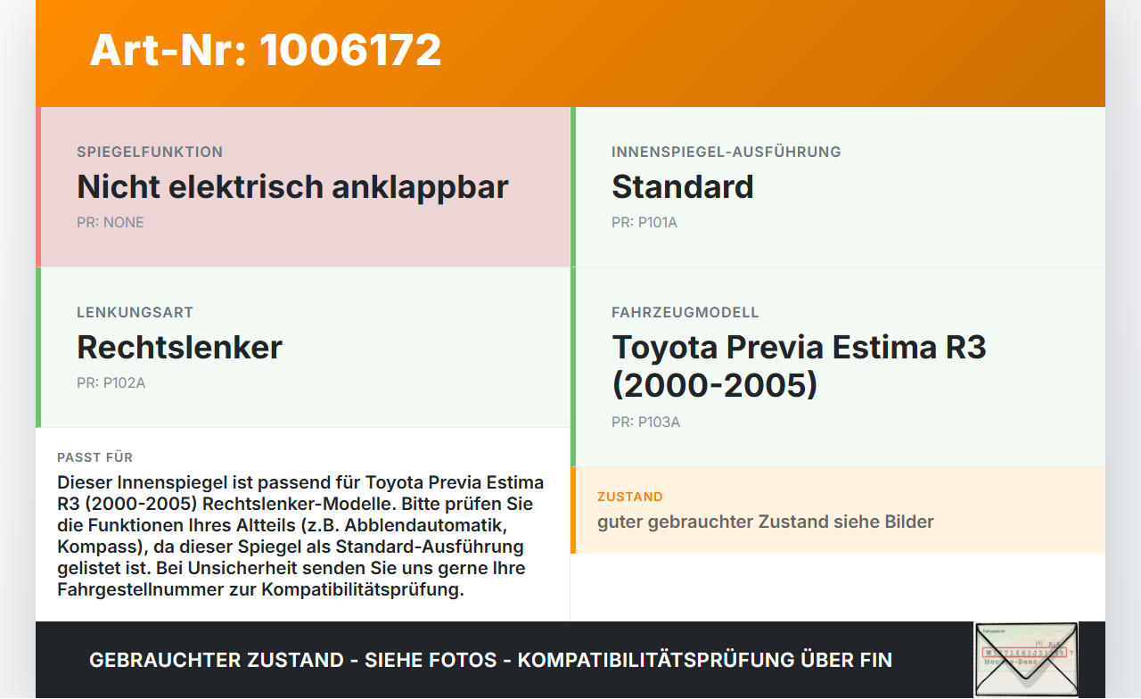 Toyota Previa Estima R3 00-05 Innenspiegel Rückspiegel Spiegel Innen Toyota Previa Estima R3 00-05 01.07.2000 gebraucht Vorschau 3