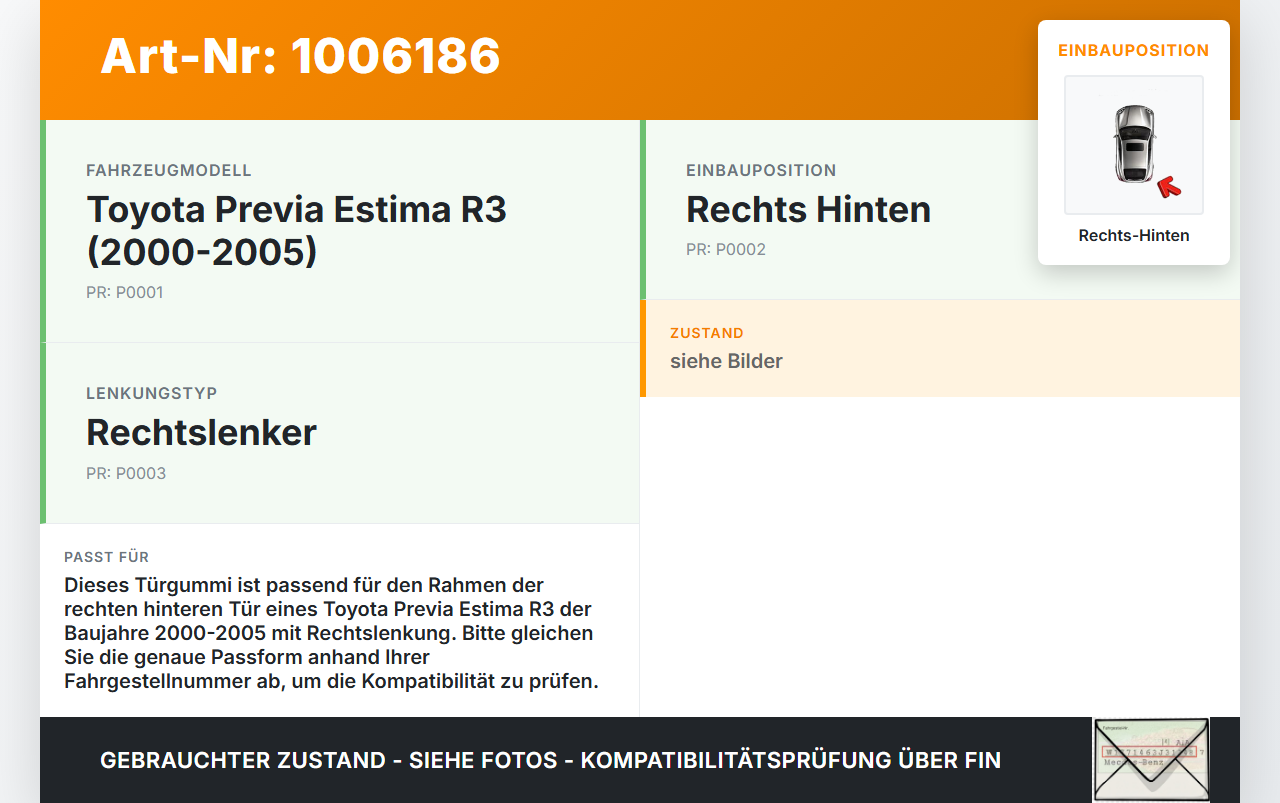 Toyota Previa Estima R3 00-05 Dichtung für Rahmen Tür Rechts Hinten Toyota Previa Estima R3 00-05 01.07.2000 gebraucht Vorschau 3