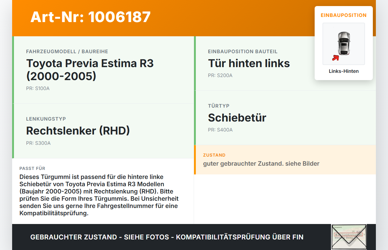 Toyota Previa Estima R3 00-05 Dichtung für Rahmen Tür Links Hinten Toyota Previa Estima R3 00-05 01.07.2000 gebraucht Vorschau 3
