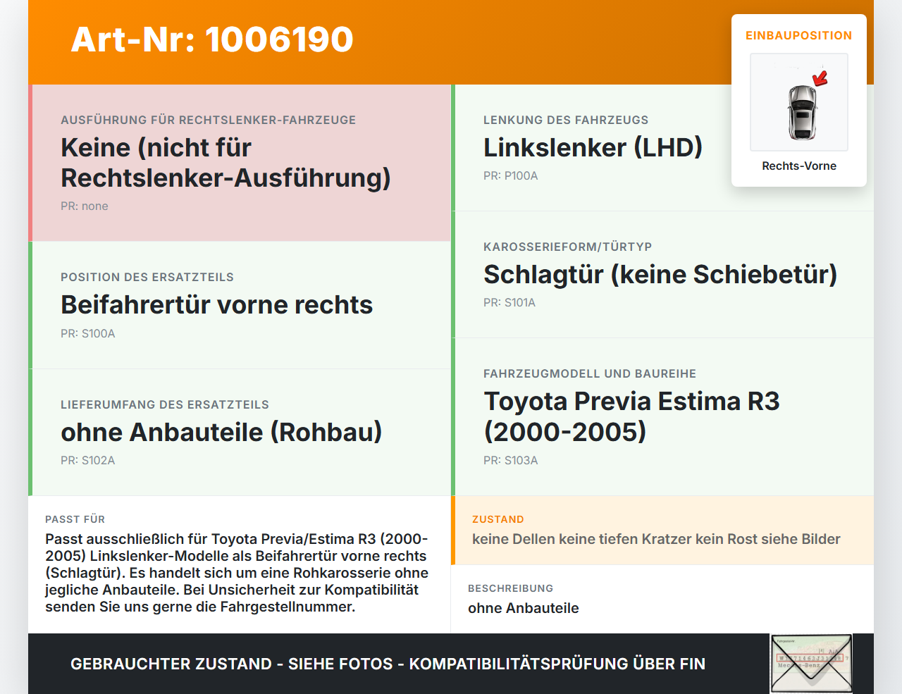 Toyota Previa Estima R3 00-05 Tür Beifahrertür Rechts Vorne 025 Toyota Previa Estima R3 00-05 01.07.2000 gebraucht Vorschau 3
