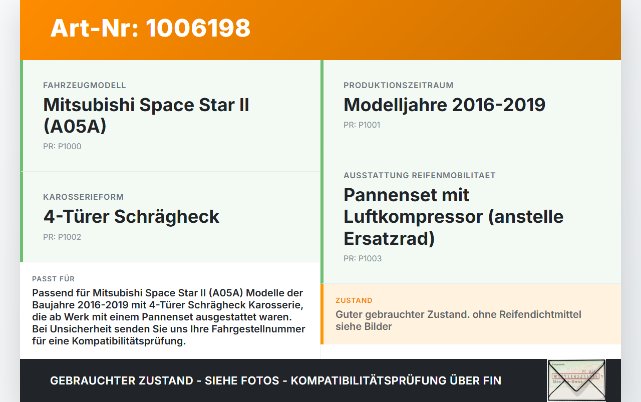 Mitsubishi Space Star II 16-19 Luftkompressor Pannenset Mitsubishi Space Star II 16-19 07.09.2017 4269A079 gebraucht Vorschau 3