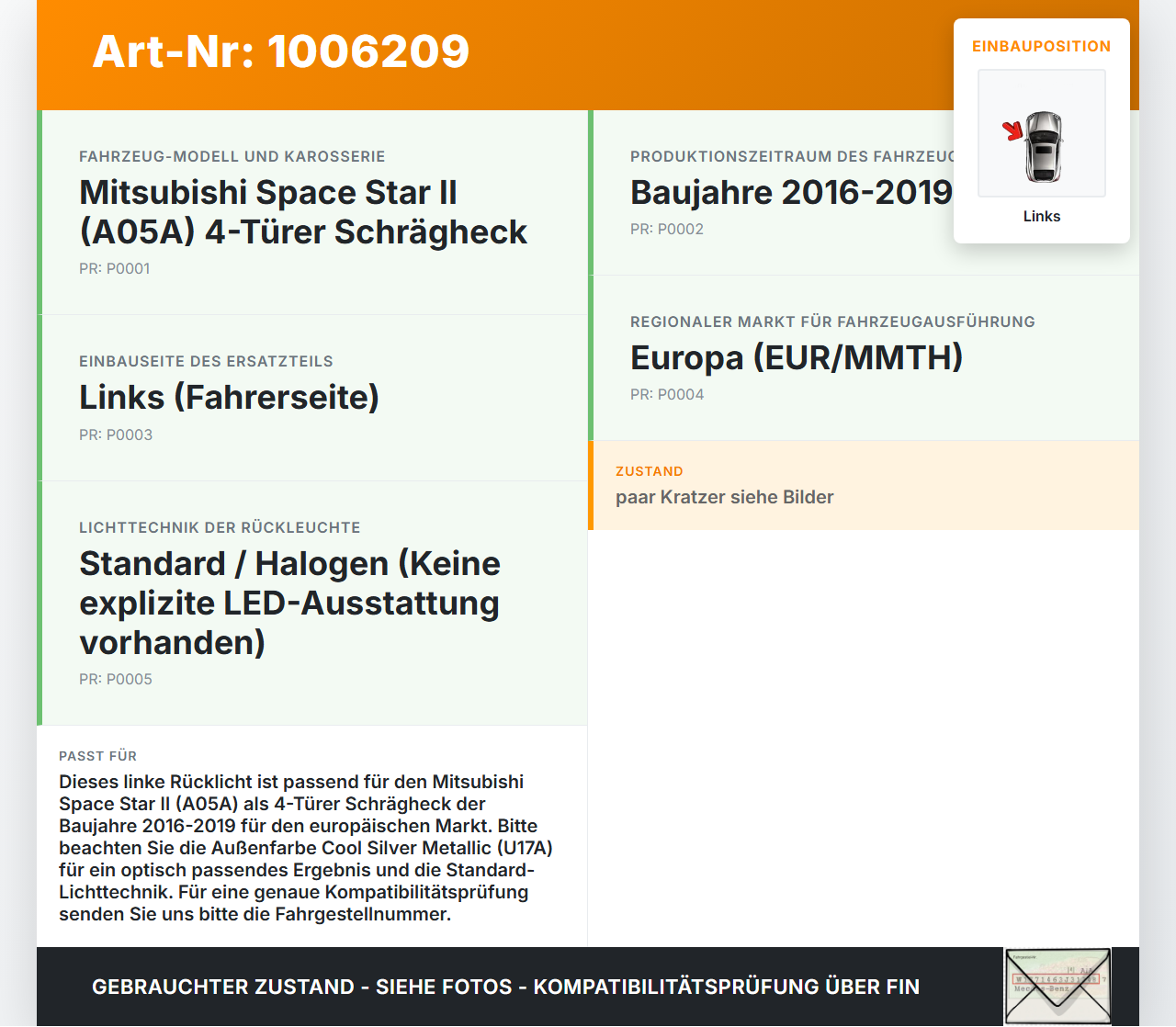 Mitsubishi Space Star II 16-19 Rückleuchte Rücklicht Heckleuchte Links orig Mitsubishi Space Star II 16-19... Vorschau 3