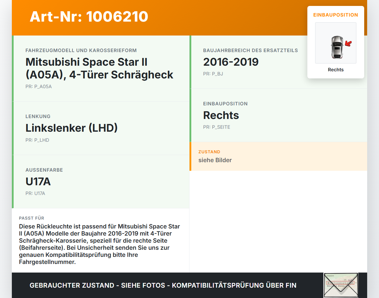 Mitsubishi Space Star II 16-19 Rückleuchte Rücklicht Heckleuchte Rechts orig Mitsubishi Space Star II 16-19... Vorschau 3
