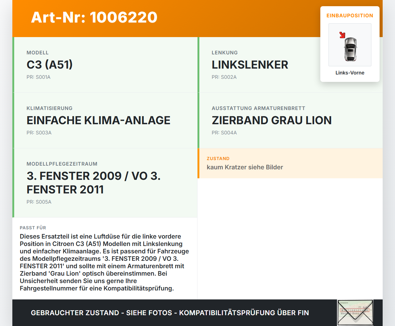 Citroen C3 II SC 09-13 Luftdusche Luftdüse Links Vorne Citroen C3 II SC 09-13 03.05.2011 A1092112 gebraucht Vorschau 3