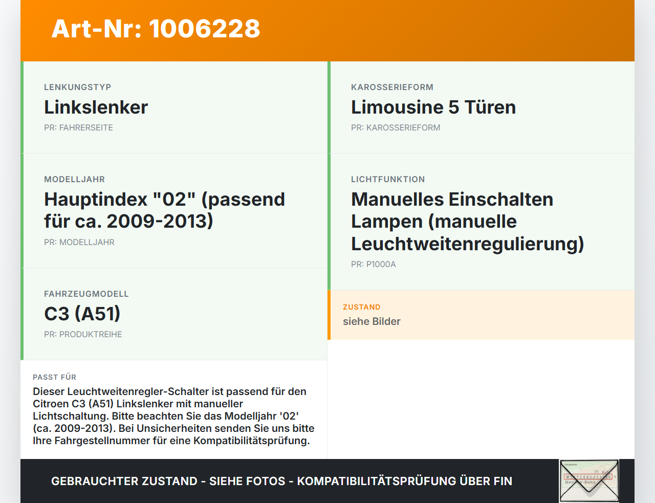 Citroen C3 II SC 09-13 LWR Schalter Leuchtweitenregler Citroen C3 II SC 09-13 03.05.2011 6490CX 96661868XT gebraucht Vorschau 3