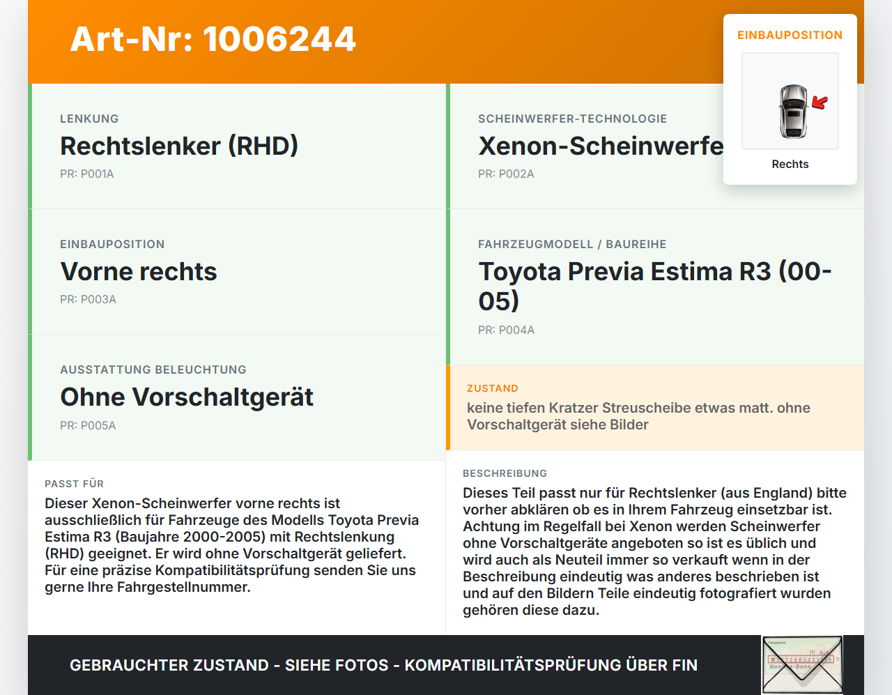 Toyota Previa Estima R3 00-05 RHD Xenon Scheinwerfer Frontscheinwerfer Rechts orig. Toyota Previa Estima R3 00-05... Vorschau 3