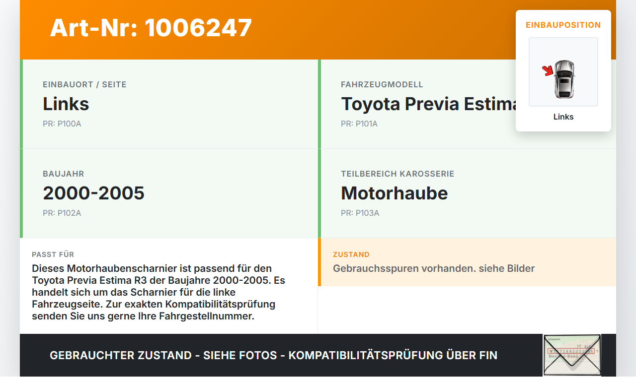 Toyota Previa Estima R3 00-05 Scharnier für Motorhaube Motorhaubenscharnier Links Toyota Previa Estima R3 00-05... Vorschau 3
