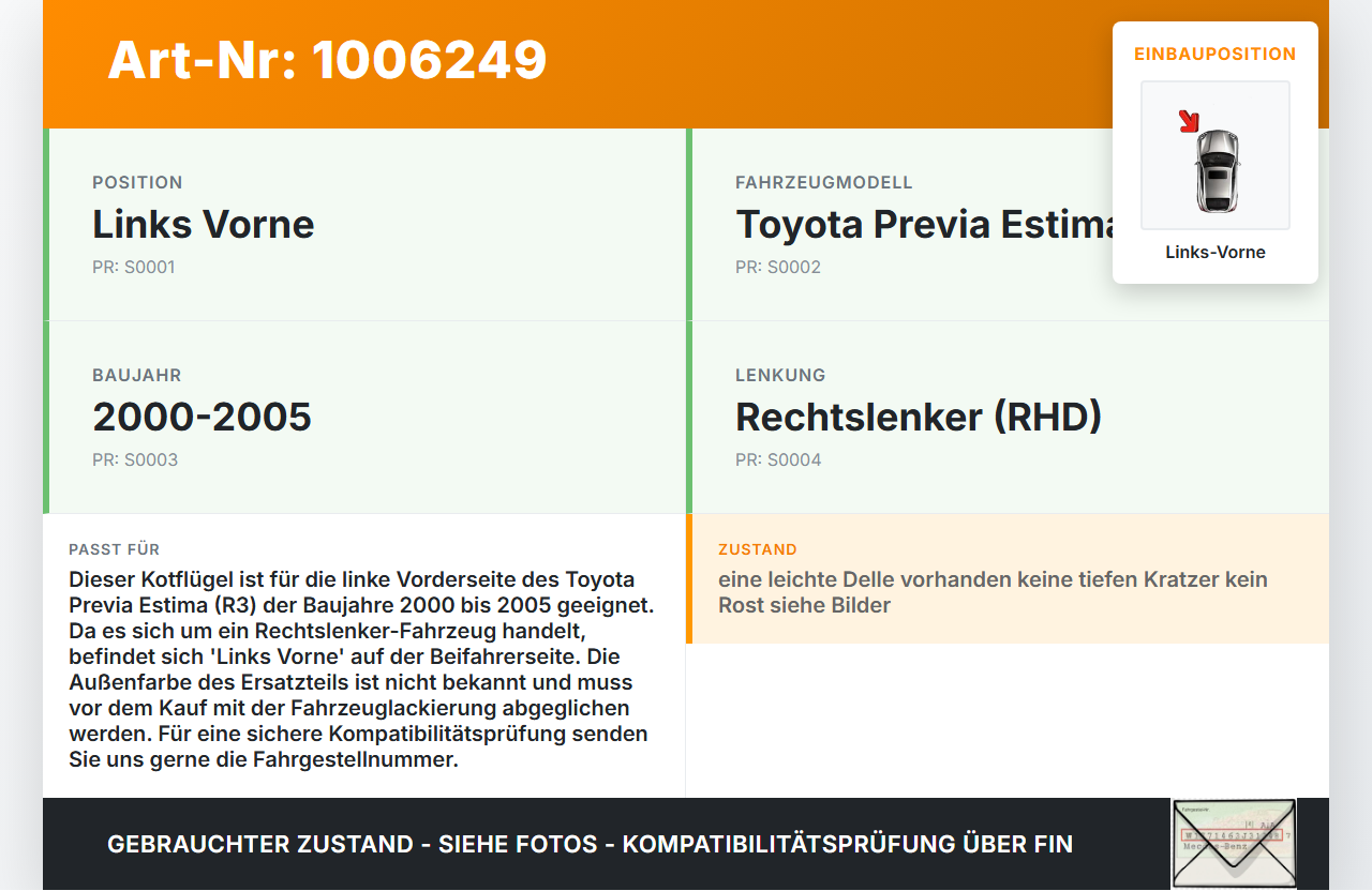 Toyota Previa Estima R3 00-05 Kotflügel Links Vorne 025 Toyota Previa Estima R3 00-05 01.07.2000 gebraucht Vorschau 3