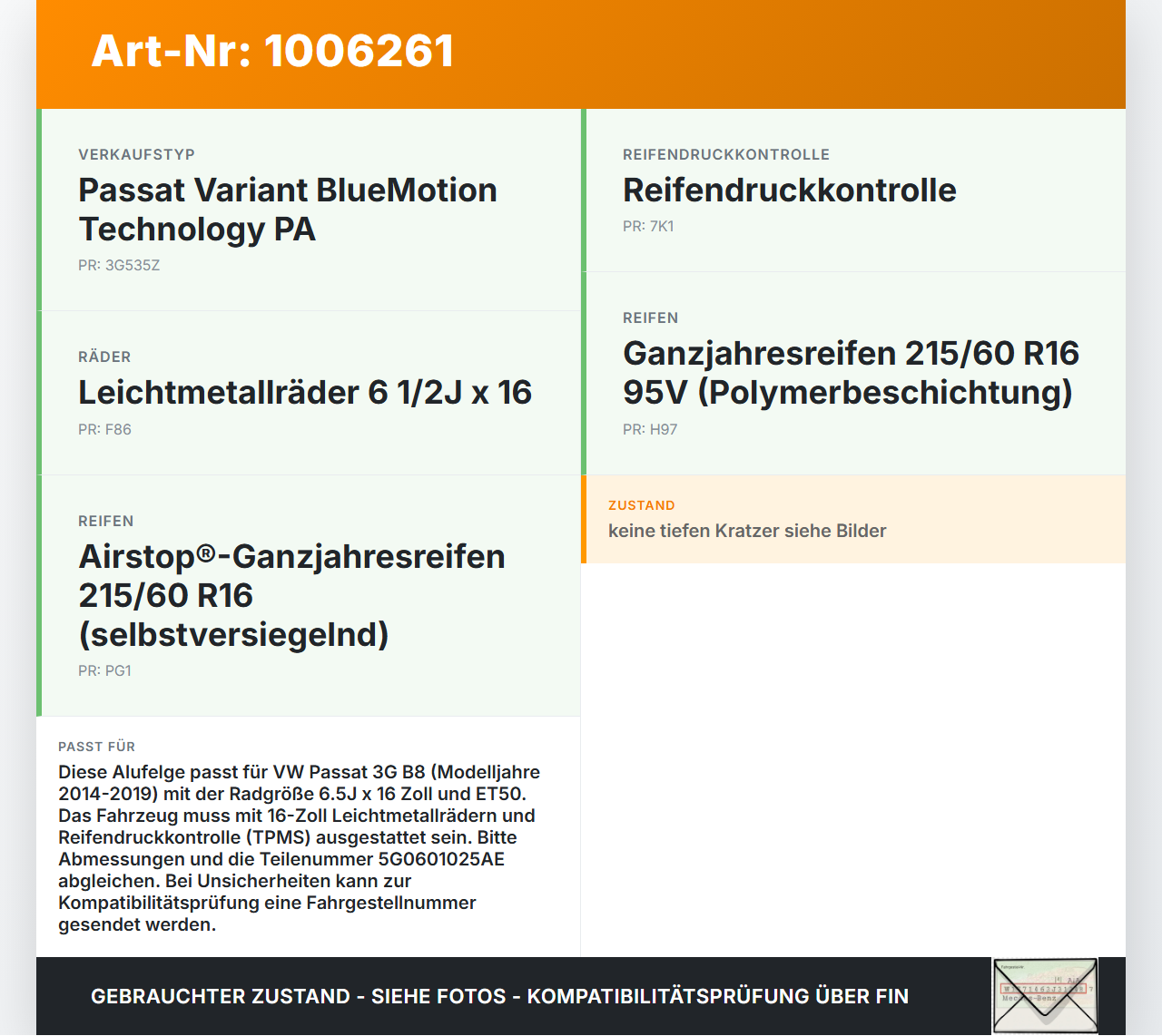 VW Passat 3G B8 14-19 1x Felge Alufelge 5X112 6.5X16Zoll ET50 VW Passat 3G B8 14-19 31.01.2018 5G0601025AE gebraucht Vorschau 3
