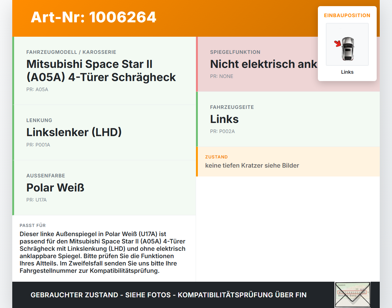 Mitsubishi Space Star II 16-19 Spiegel Aussenspiegel Links U17A Mitsubishi Space Star II 16-19 07.09.2017 7632B263... Vorschau 3
