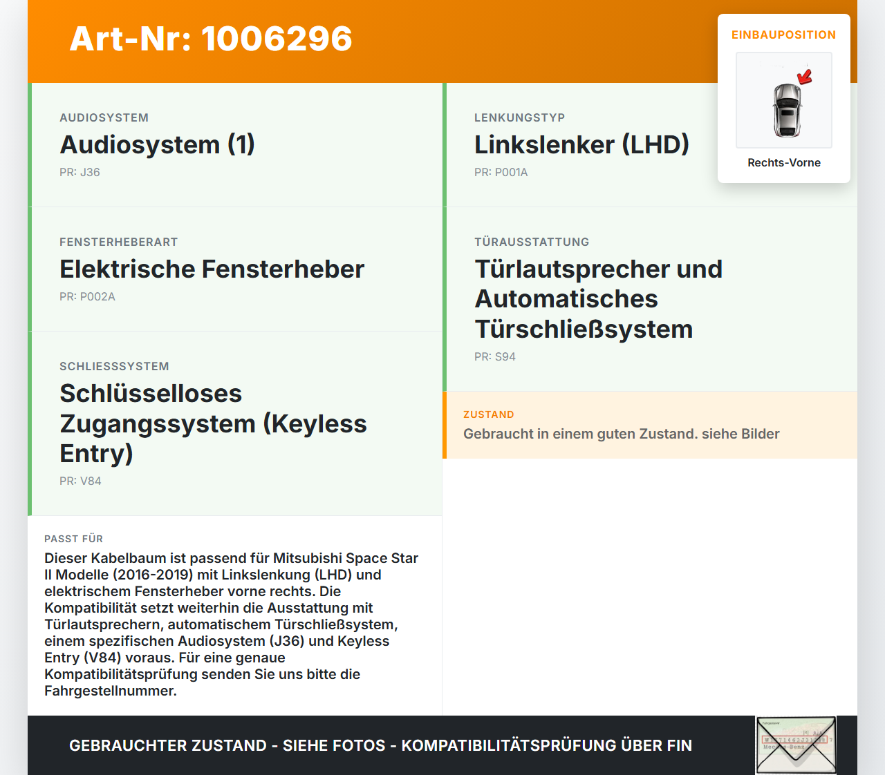Mitsubishi Space Star II 16-19 Kabelbaum für Tür und Fensterheber Rechts Vorne Mitsubishi Space Star II 16-19... Vorschau 3