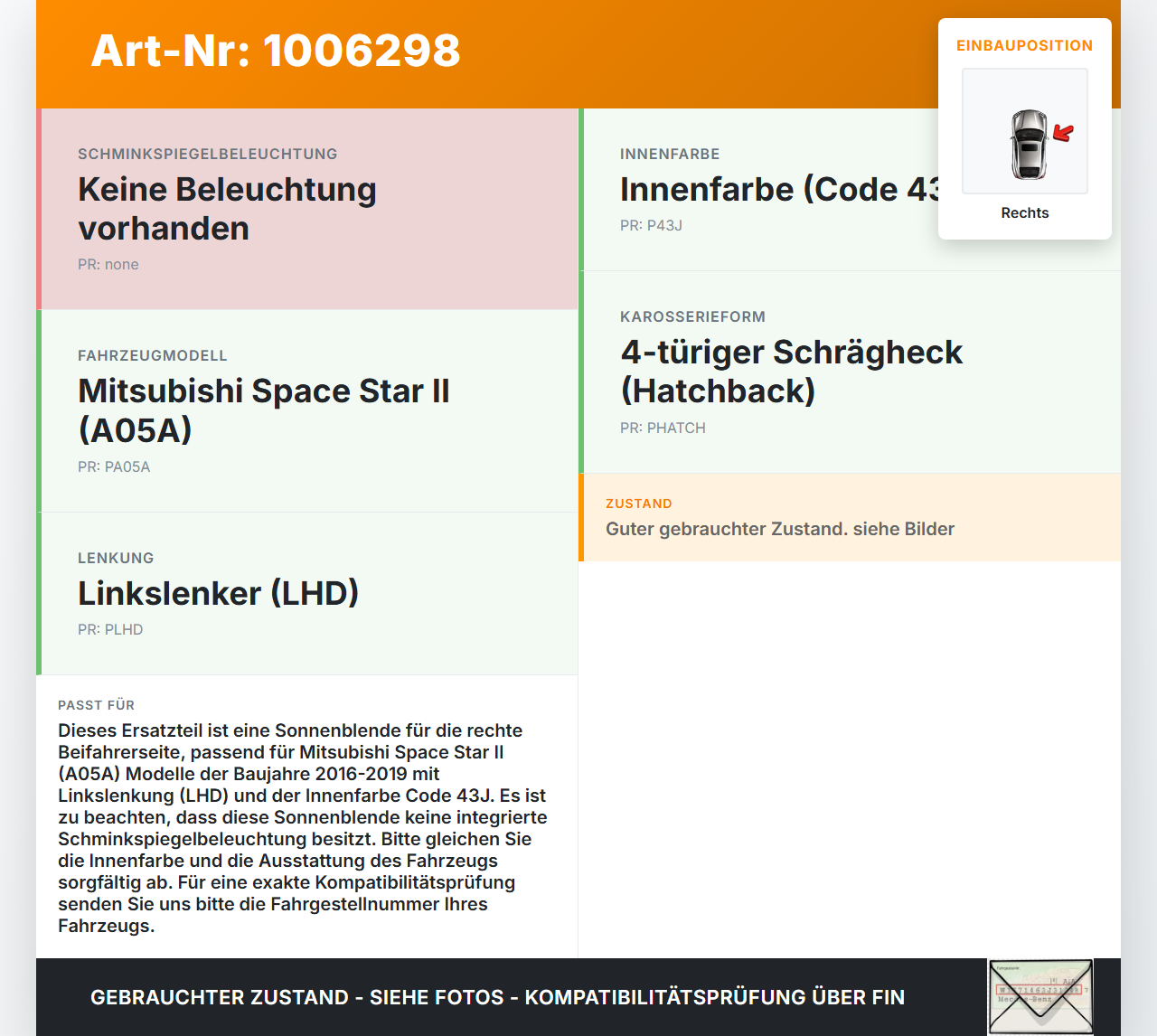 Mitsubishi Space Star II 16-19 Sonnenblende Rechts für Beifahrer Mitsubishi Space Star II 16-19 07.09.2017... Vorschau 3