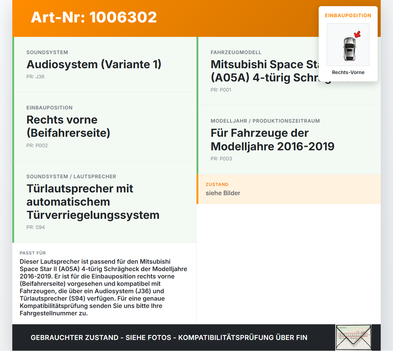 Mitsubishi Space Star II 16-19 Lautsprecher Rechts Vorne Mitsubishi Space Star II 16-19 07.09.2017 EAS16P805A... Vorschau 3