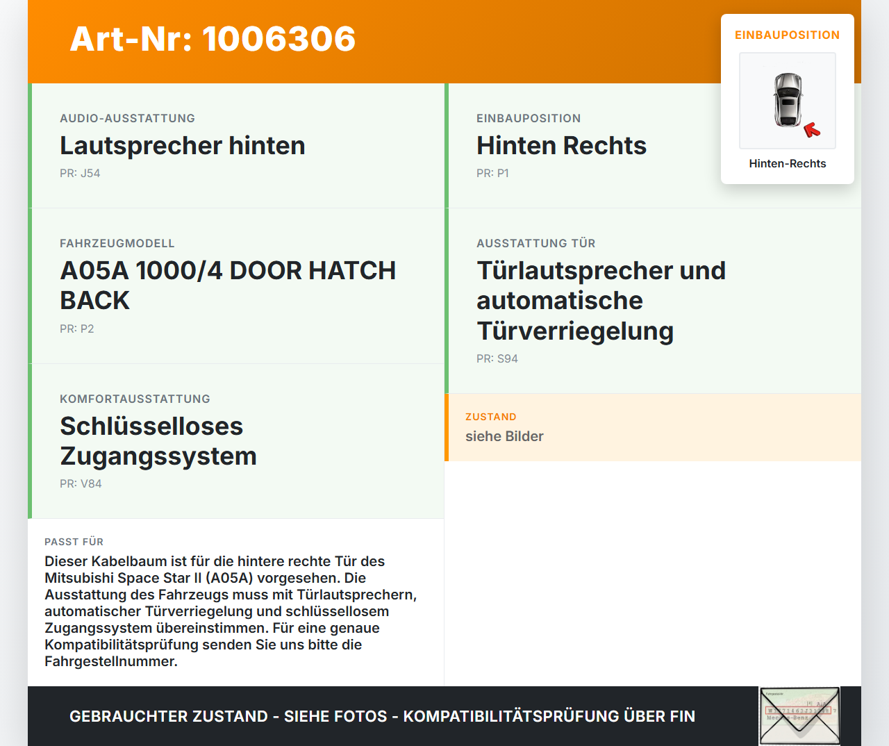 Mitsubishi Space Star II 16-19 Kabelbaum Leitungssatz für Tür und Fensterheber Hinten Rechts Mitsubishi Space Star... Vorschau 3
