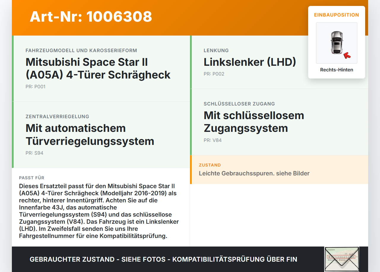 Mitsubishi Space Star II 16-19 Griff Türgriff Innen Rechts Hinten Mitsubishi Space Star II 16-19 07.09.2017... Vorschau 3