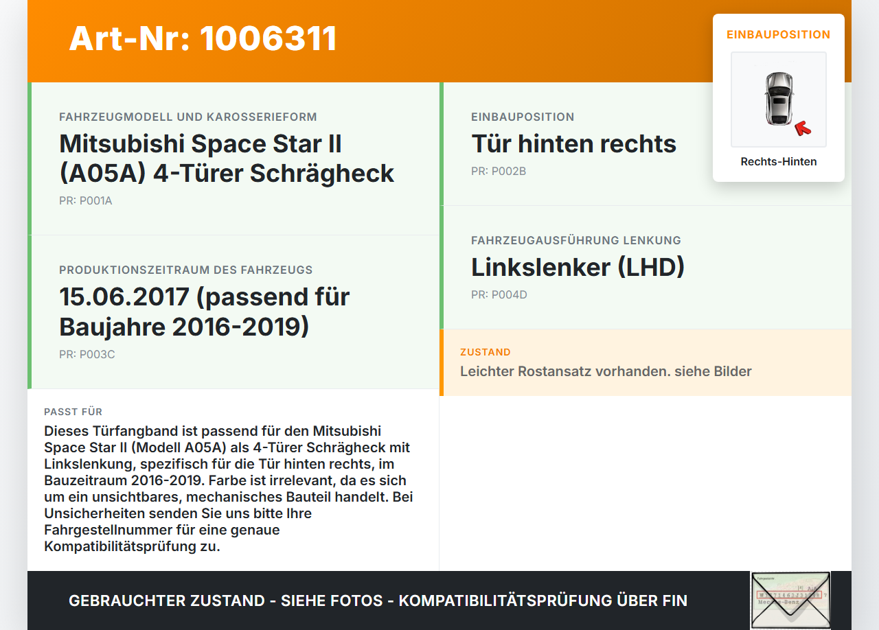 Mitsubishi Space Star II 16-19 Türfangband Türbremse Türanschlag Rechts Hinten Mitsubishi Space Star II 16-19... Vorschau 3