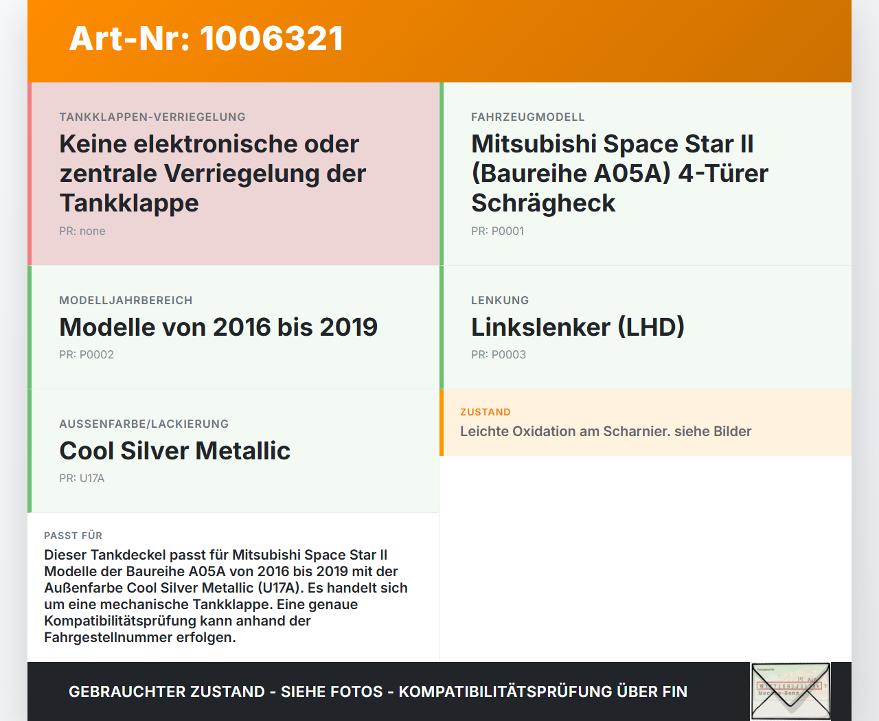 Mitsubishi Space Star II 16-19 Tankdeckel Tankklappe U17A Mitsubishi Space Star II 16-19 07.09.2017 1711A109 gebraucht Vorschau 3