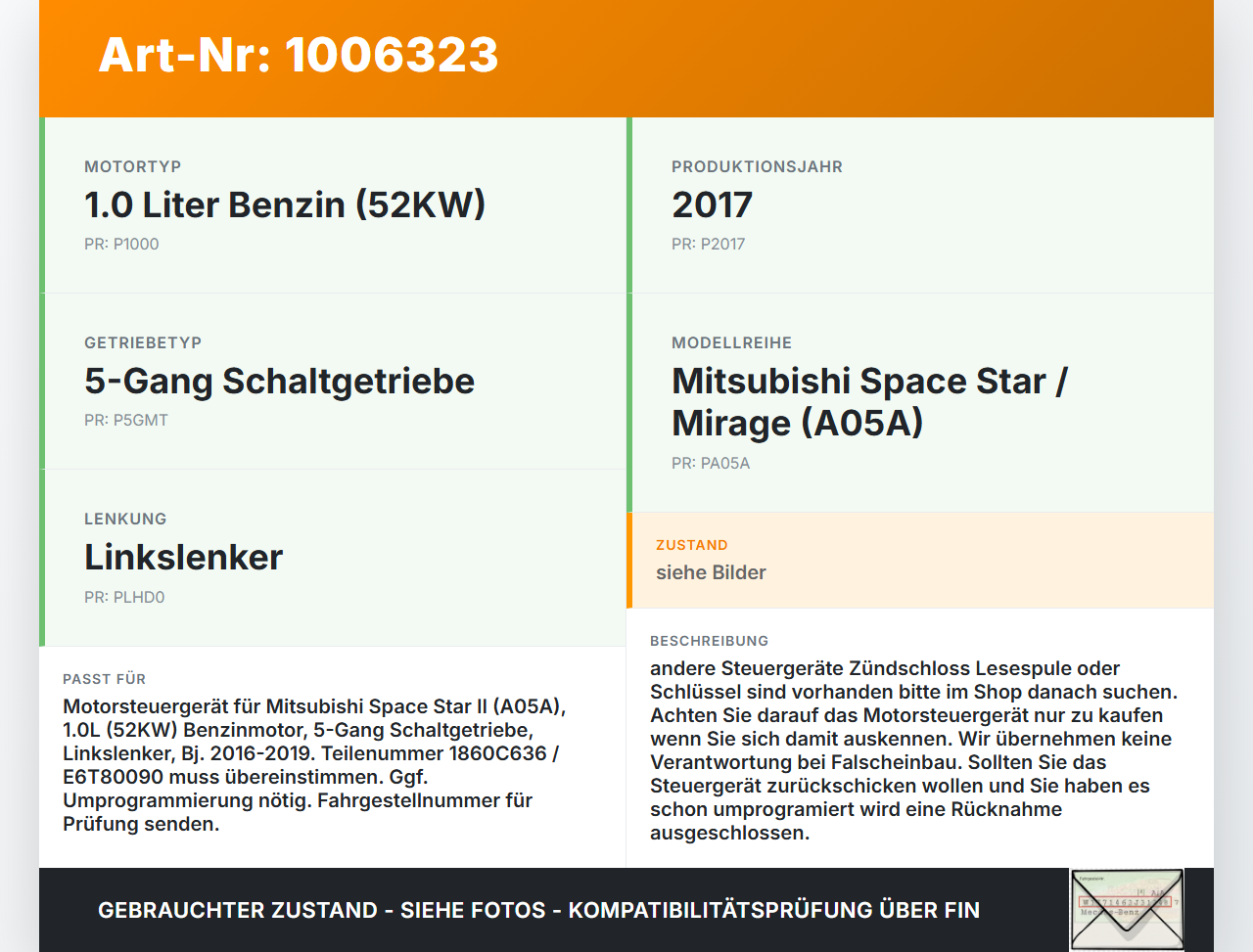 Mitsubishi Space Star II 16-19 1,0 52KW Steuergerät ECU für Motor Motorsteuergerät Mitsubishi Space Star II 16-19... Vorschau 3
