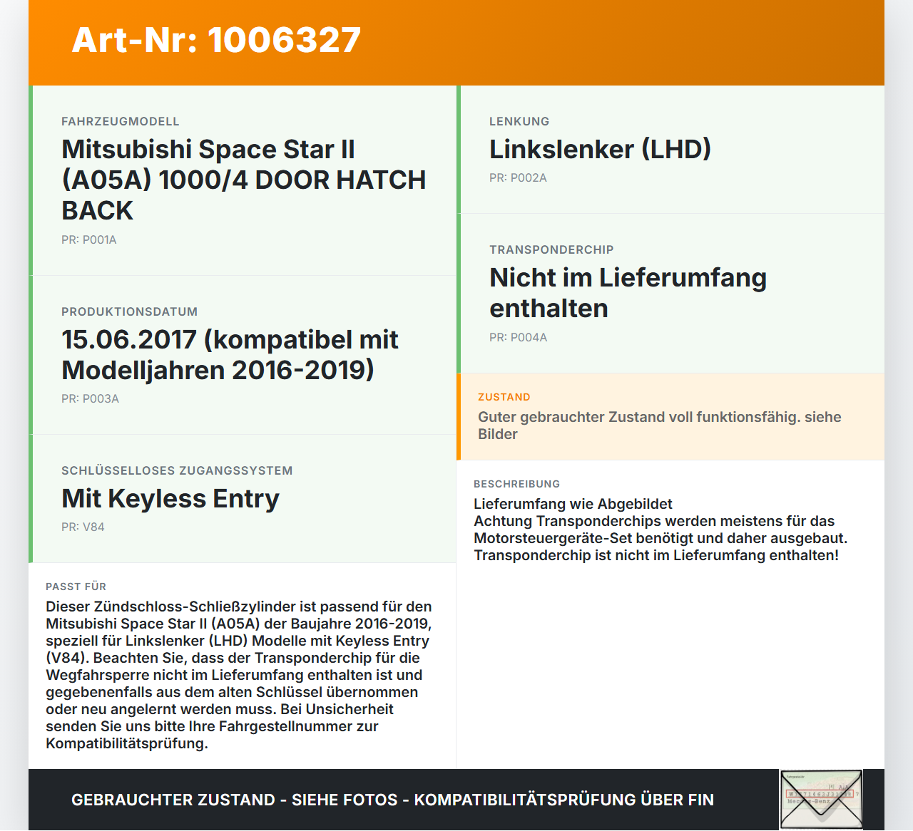 Mitsubishi Space Star II 16-19 Schliesszylinder Zündschloss Schlüssel Schliessanlage Mitsubishi Space Star II 16-19... Vorschau 3