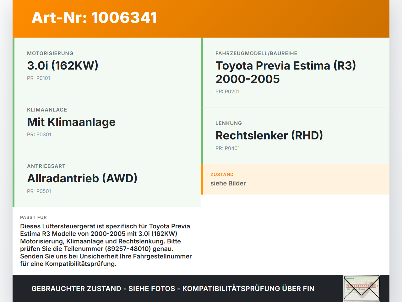 Toyota Previa Estima R3 00-05 3,0i 162KW Lüfter Steuergerät Toyota Previa Estima R3 00-05 01.07.2000 89257-48010... Vorschau 3