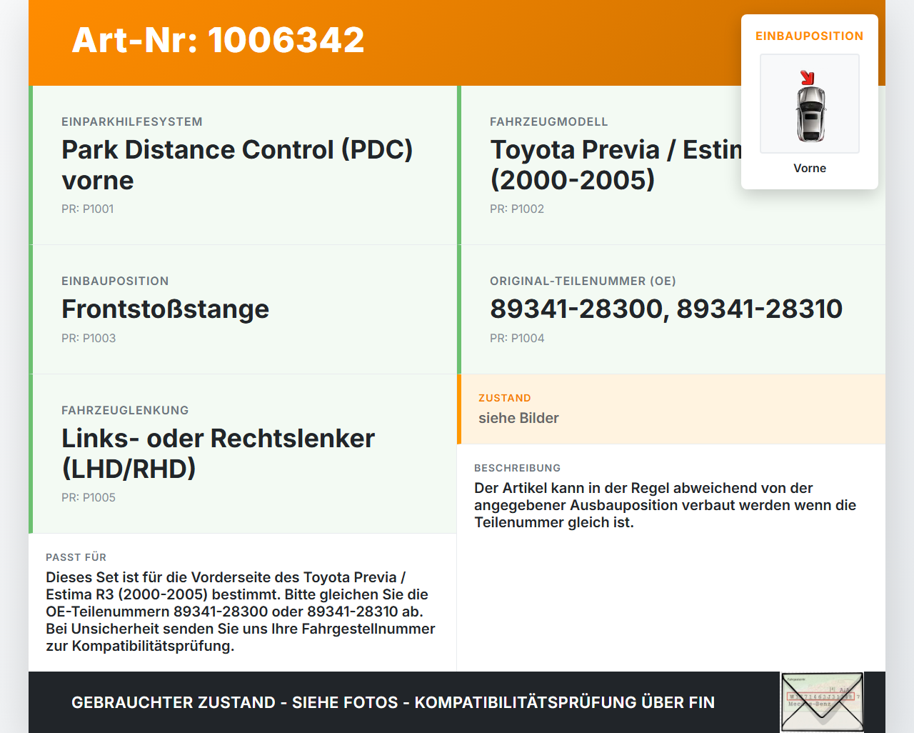 Toyota Previa Estima R3 00-05 Parksensoren Set PDC Sensoren Einparkhilfe Kabel Vorne Toyota Previa Estima R3 00-05... Vorschau 3