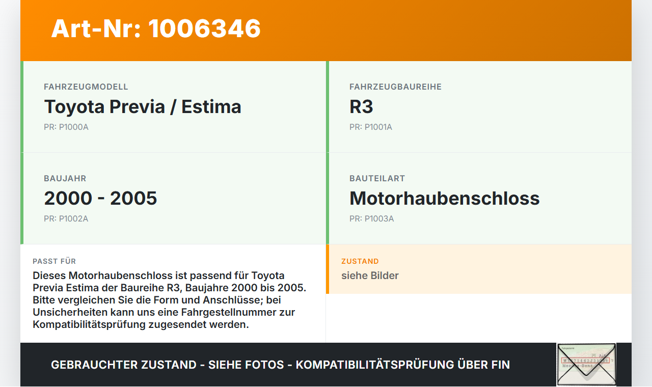 Toyota Previa Estima R3 00-05 Haubenschloss Motorhaubenschloss Schloss Toyota Previa Estima R3 00-05 01.07.2000... Vorschau 3
