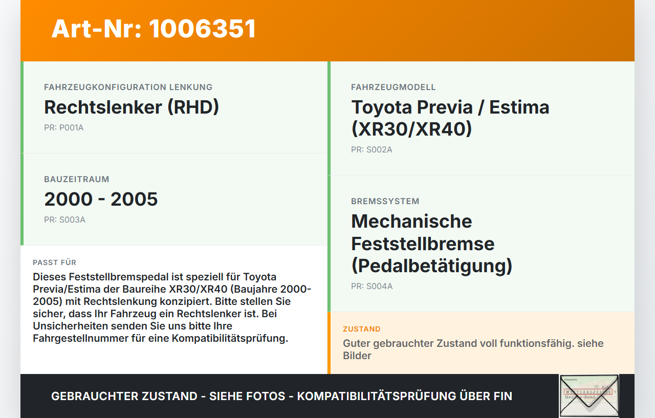 Toyota Previa Estima R3 00-05 Feststellbremse Parkbremse Pedal Bremse Toyota Previa Estima R3 00-05 01.07.2000 gebraucht Vorschau 3
