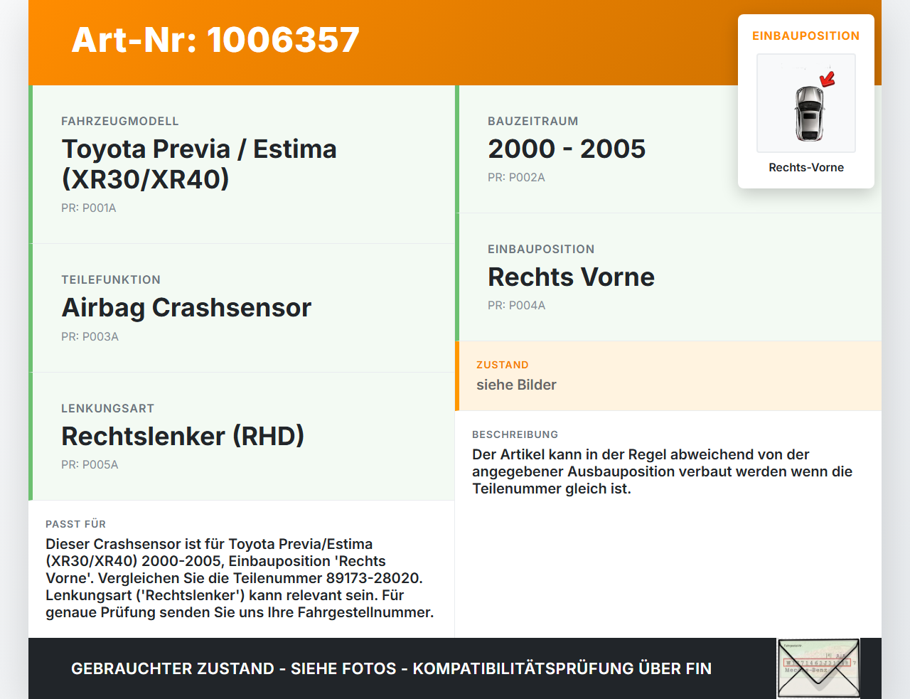 Toyota Previa Estima R3 00-05 Sensor für Airbag Crashsensor Airbagsensor Rechts Vorne Toyota Previa Estima R3 00-05... Vorschau 3