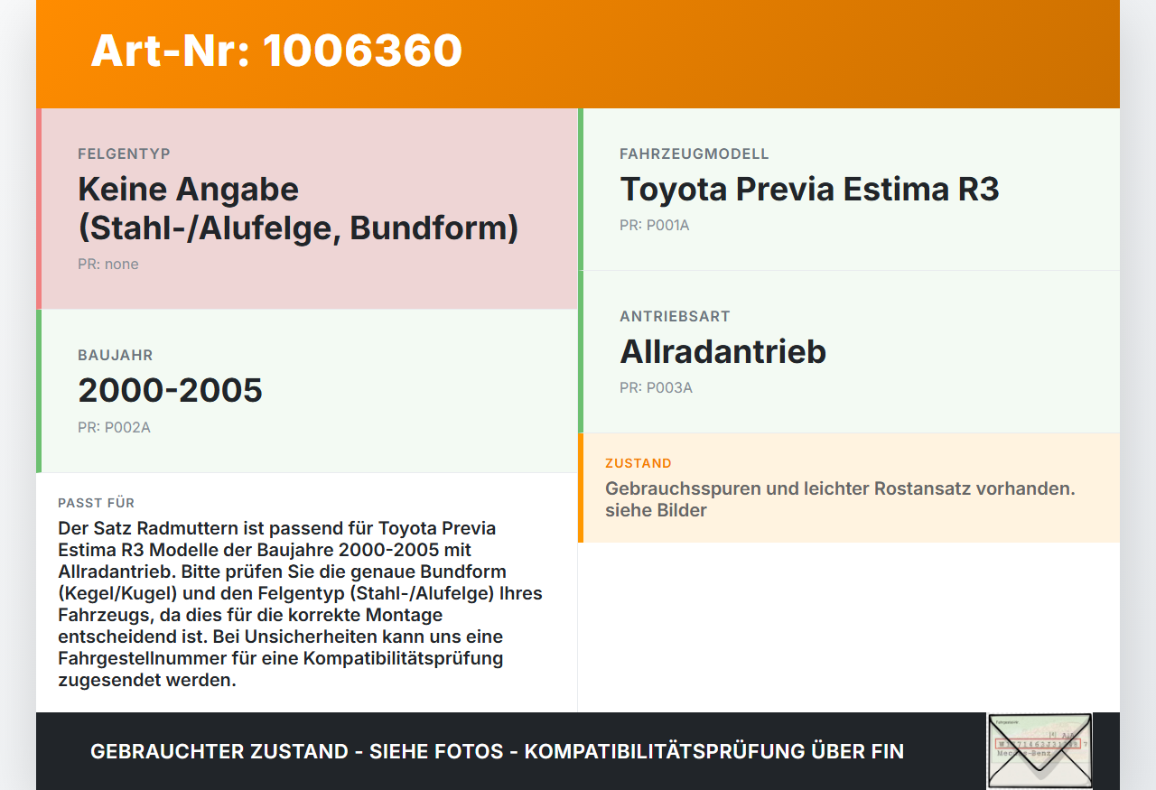 Toyota Previa Estima R3 00-05 Satz Radmuttern Muttern Radbolzen Toyota Previa Estima R3 00-05 01.07.2000 gebraucht Vorschau 3