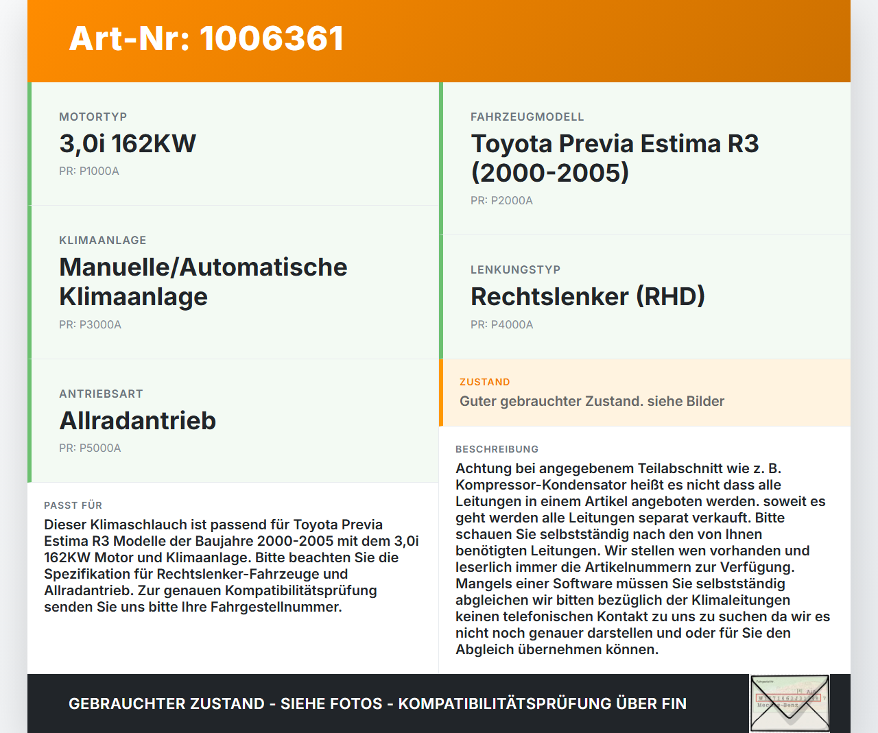 Toyota Previa Estima R3 00-05 3,0i 162KW Klimaschlauch Klimaleitung Toyota Previa Estima R3 00-05 01.07.2000 gebraucht Vorschau 3