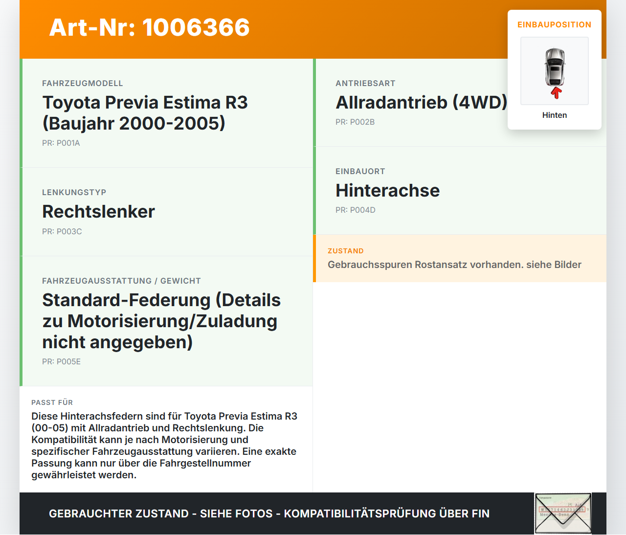 Toyota Previa Estima R3 00-05 Beide Feder Federn Hinten Toyota Previa Estima R3 00-05 01.07.2000 gebraucht Vorschau 3