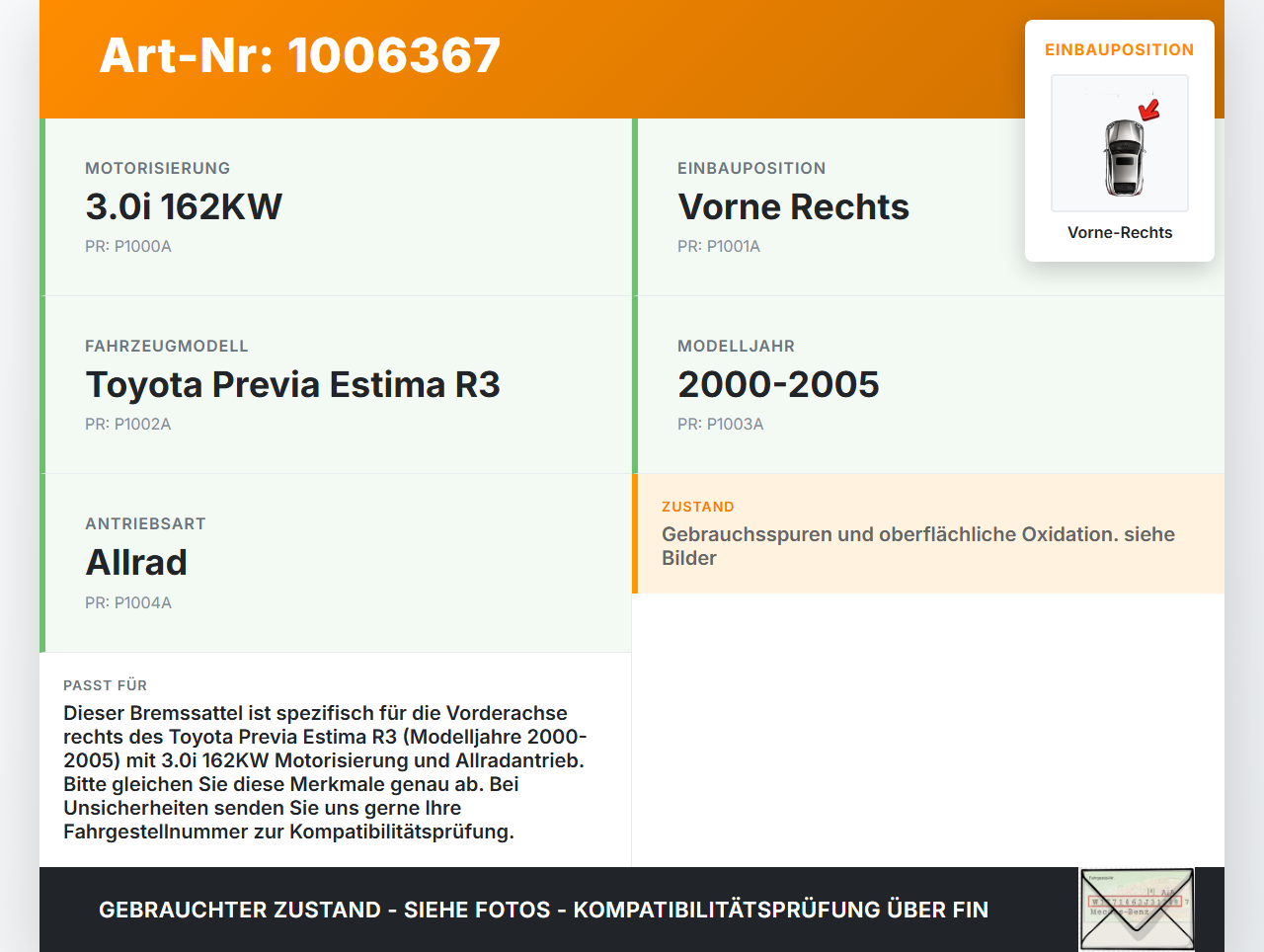 Toyota Previa Estima R3 00-05 3,0i 162KW Bremssattel Bremszange Vorne Rechts Toyota Previa Estima R3 00-05... Vorschau 3