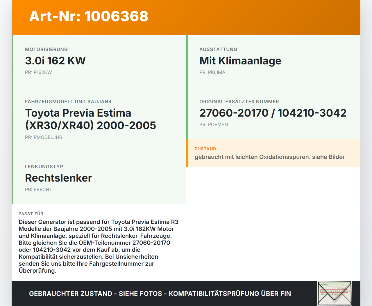 Toyota Previa Estima R3 00-05 3,0i 162KW Lichtmaschine Generator Toyota Previa Estima R3 00-05 01.07.2000... Vorschau 3