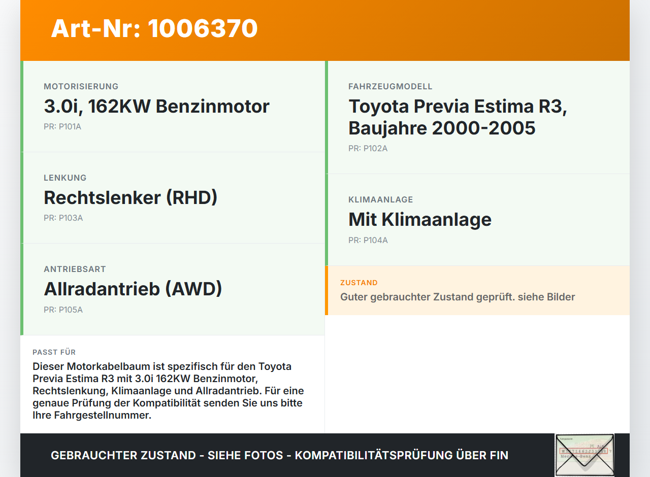 Toyota Previa Estima R3 00-05 3,0i 162KW Kabelbaum Motorkabelbaum Leitungssatz für Motor Toyota Previa Estima R3... Vorschau 3