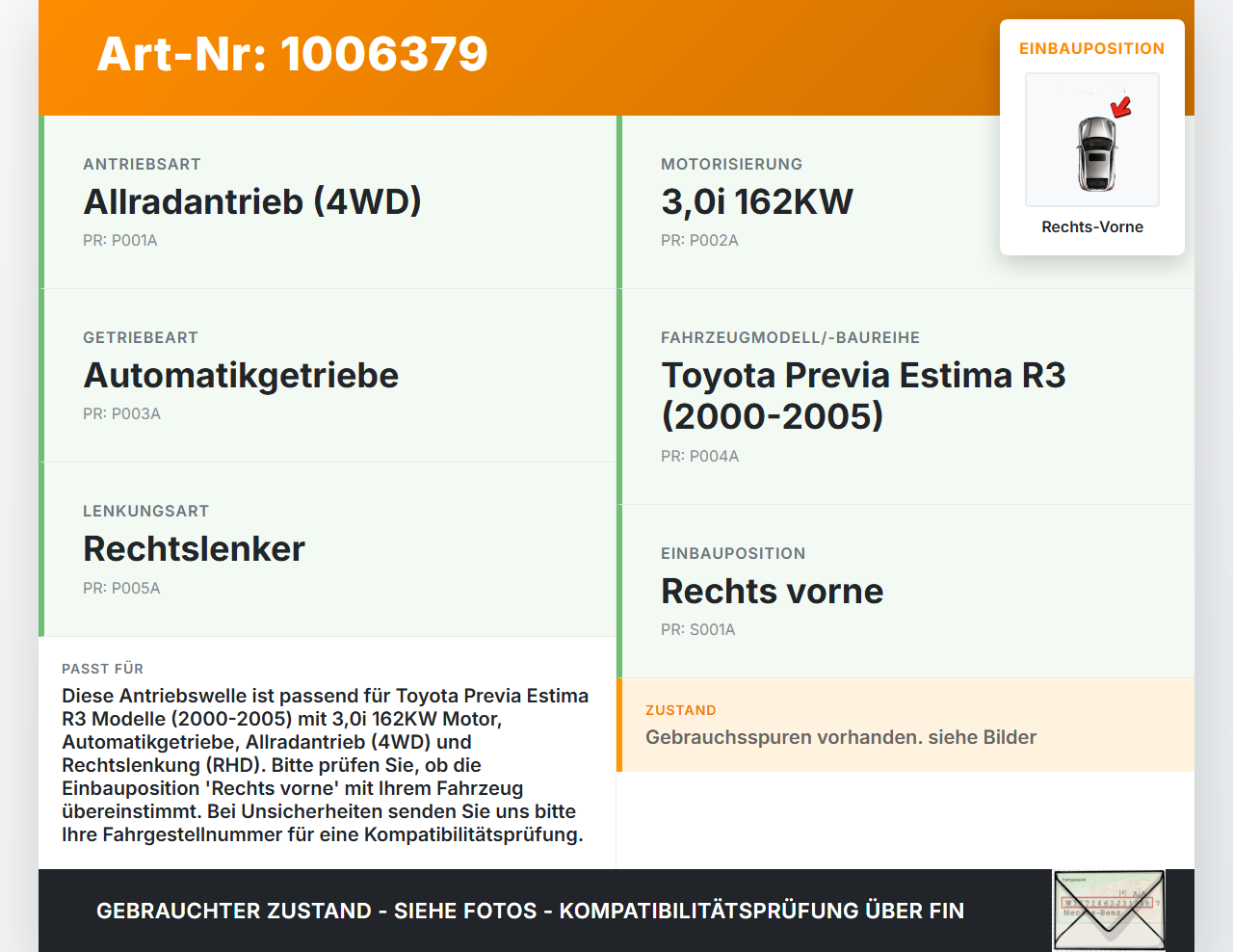Toyota Previa Estima R3 00-05 3,0i 162KW Autom 4WD Antriebswelle Gelenkwelle Rechts Vorne Toyota Previa Estima R3... Vorschau 3