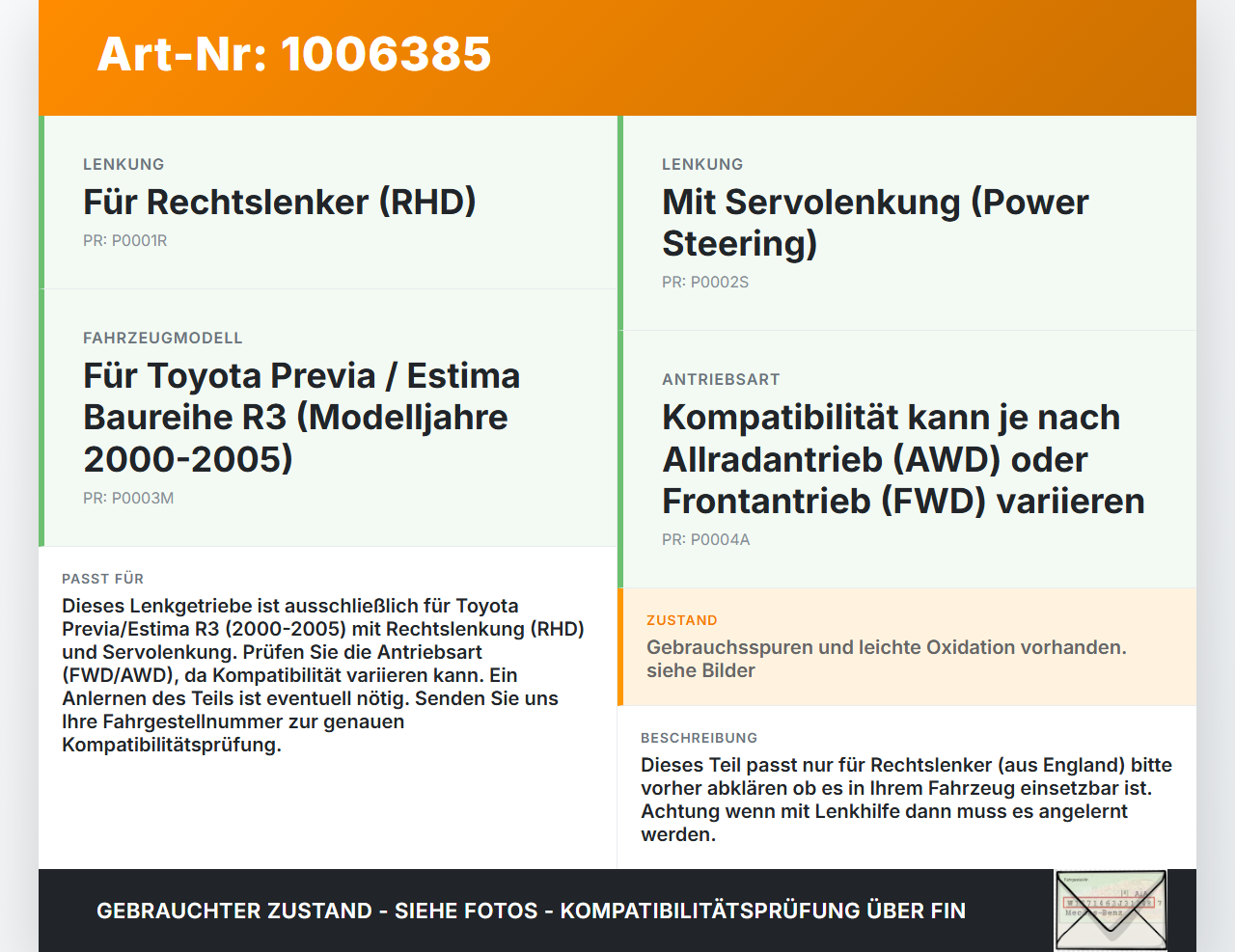 Toyota Previa Estima R3 00-05 RHD Lenkgetriebe Servolenkung Toyota Previa Estima R3 00-05 01.07.2000 gebraucht Vorschau 3
