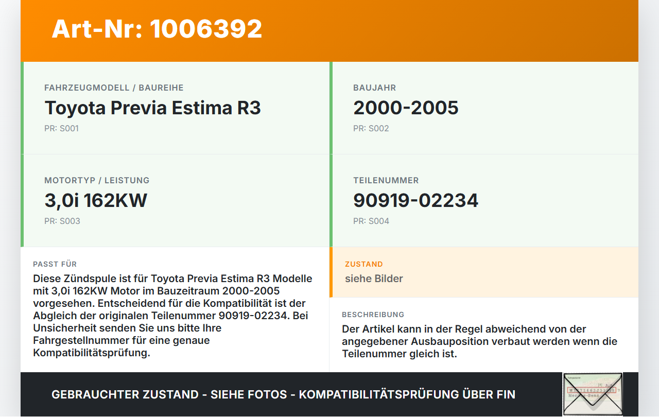 Toyota Previa Estima R3 00-05 3,0i 162KW Zündspule Zyl.3 Toyota Previa Estima R3 00-05 01.07.2000 90919-02234 gebraucht Vorschau 3