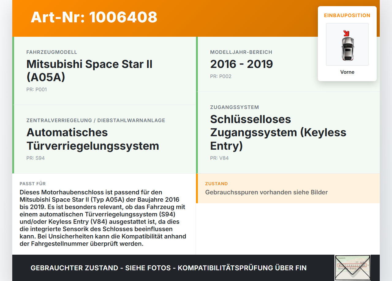 Mitsubishi Space Star II 16-19 Motorhaubenschloss Haubenschloss Schloss Vorne Mitsubishi Space Star II 16-19... Vorschau 3