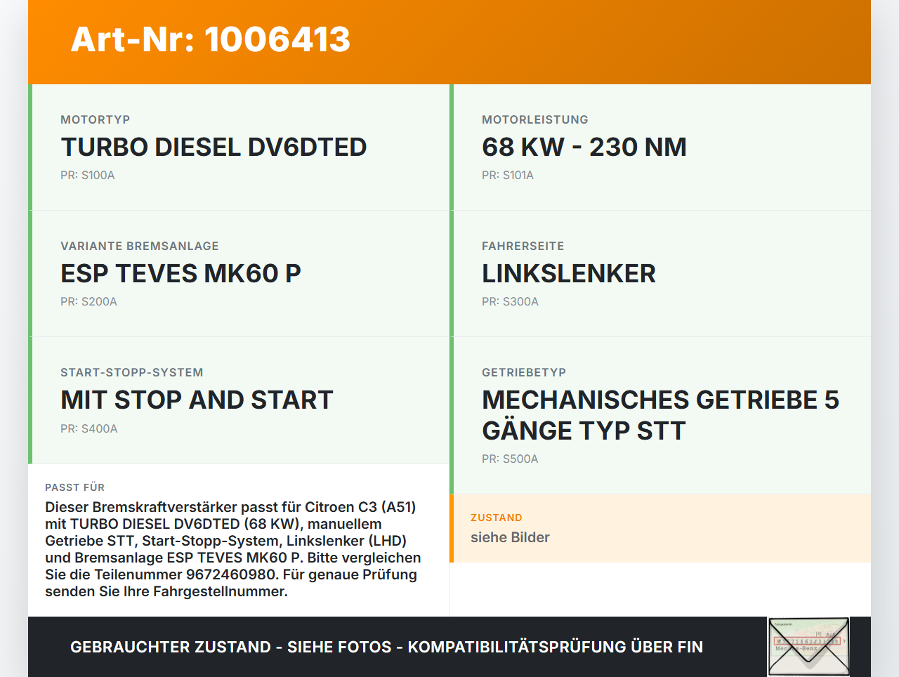 Citroen C3 II SC 09-13 HDI 1,6 68KW Bremskraftverstärker Citroen C3 II SC 09-13 03.05.2011 9672460980 0039760A... Vorschau 3