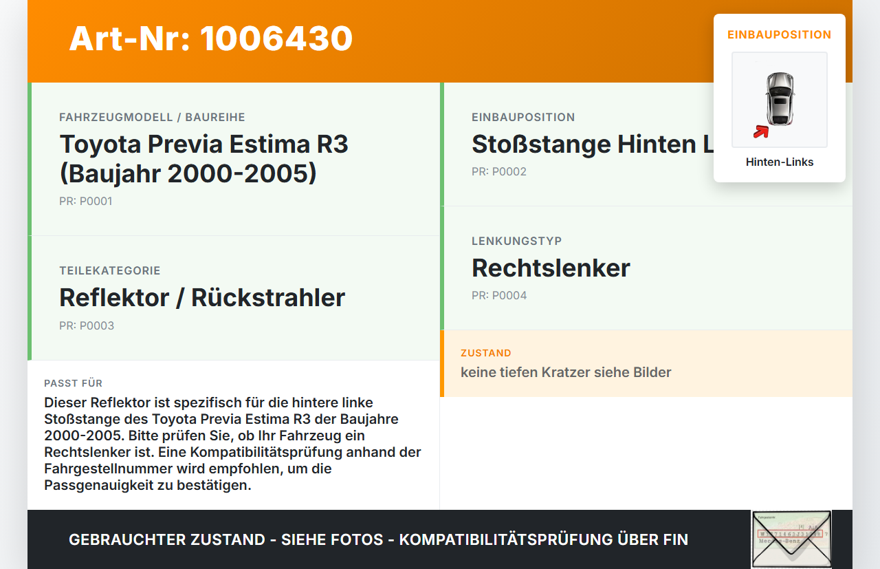Toyota Previa Estima R3 00-05 Reflektor Rückstrahler für Stoßstange Hinten Links Toyota Previa Estima R3 00-05... Vorschau 3