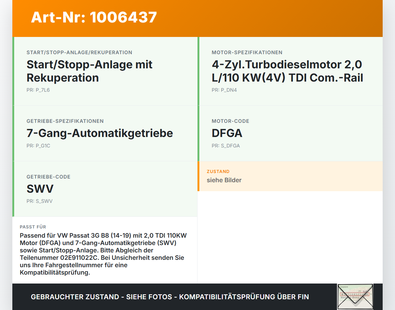 VW Passat 3G B8 14-19 2,0 110KW Autom Anlasser Starter VW Passat 3G B8 14-19 31.01.2018 02E911022C RSW20R-10 gebraucht Vorschau 3