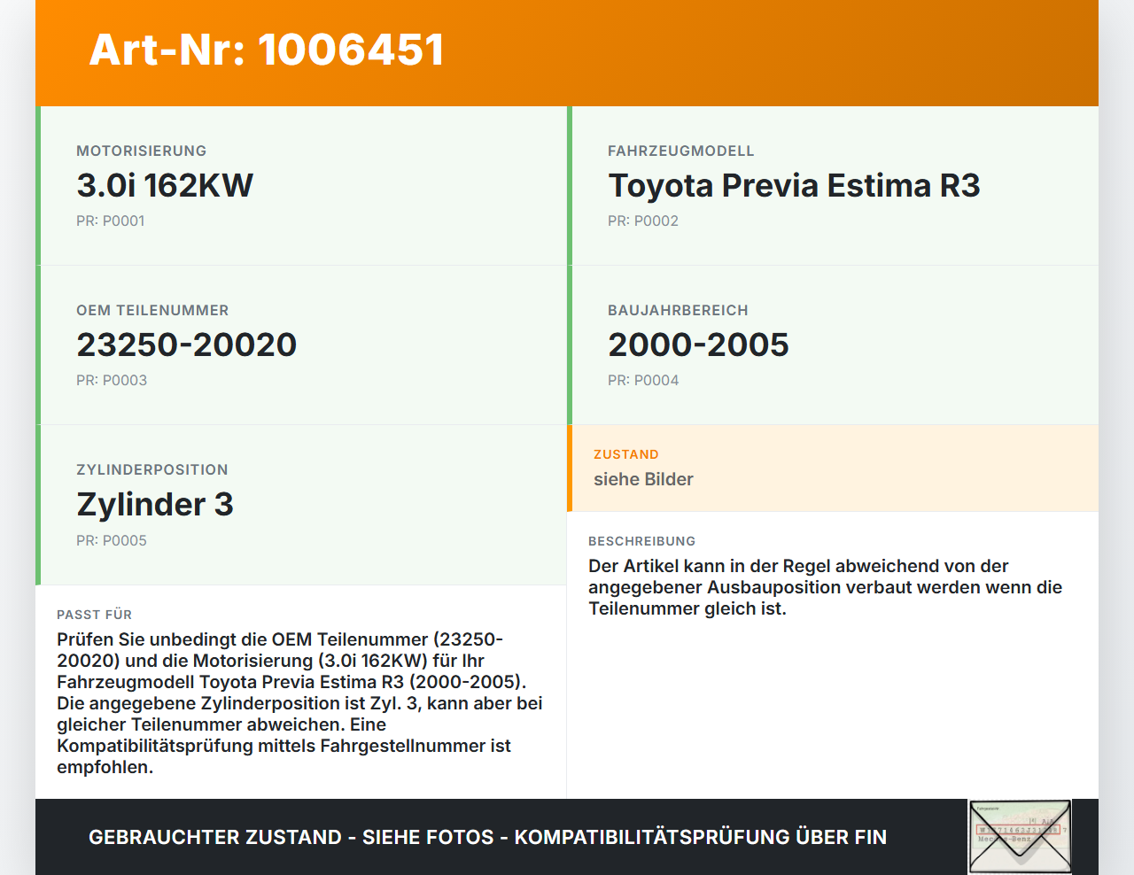 Toyota Previa Estima R3 00-05 3,0i 162KW Injektor Einspritzdüse Zyl.3 Toyota Previa Estima R3 00-05 01.07.2000... Vorschau 3