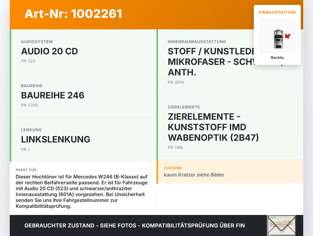 Mercedes W246 B220 11-14 Lautsprecher Hochtöner Rechts Mercedes W246 B220 11-14 30.04.2013 A2468200302... Vorschau 3