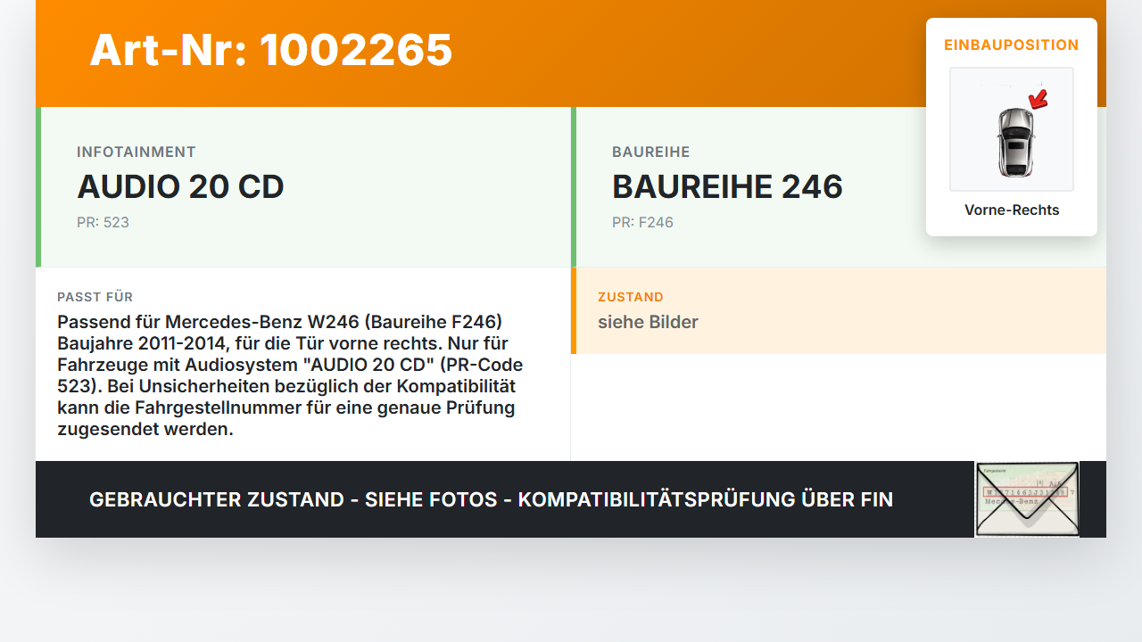 Mercedes W246 B220 11-14 Lautsprecher Türlautsprecher Vorne Rechts Mercedes W246 B220 11-14 30.04.2013 A2468200502... Vorschau 3