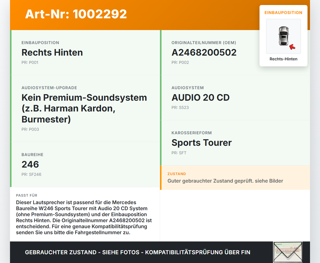 Mercedes W246 B220 11-14 Lautsprecher Rechts Hinten Mercedes W246 B220 11-14 30.04.2013 A2468200502 C31938-100... Vorschau 3