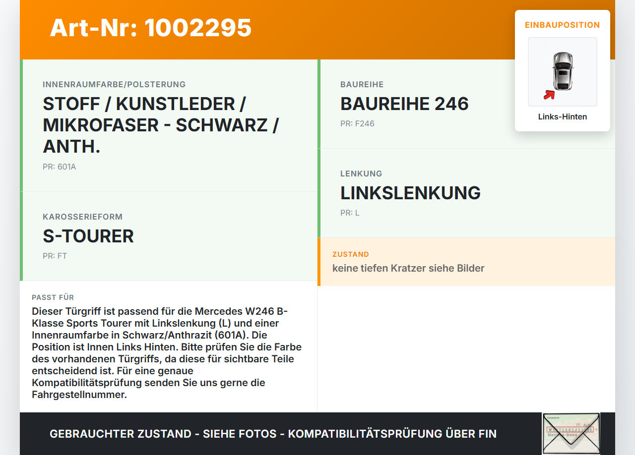 Mercedes W246 B220 11-14 Türgriff Griffmuschel Griff Innen Links Hinten Mercedes W246 B220 11-14 30.04.2013 gebraucht Vorschau 3