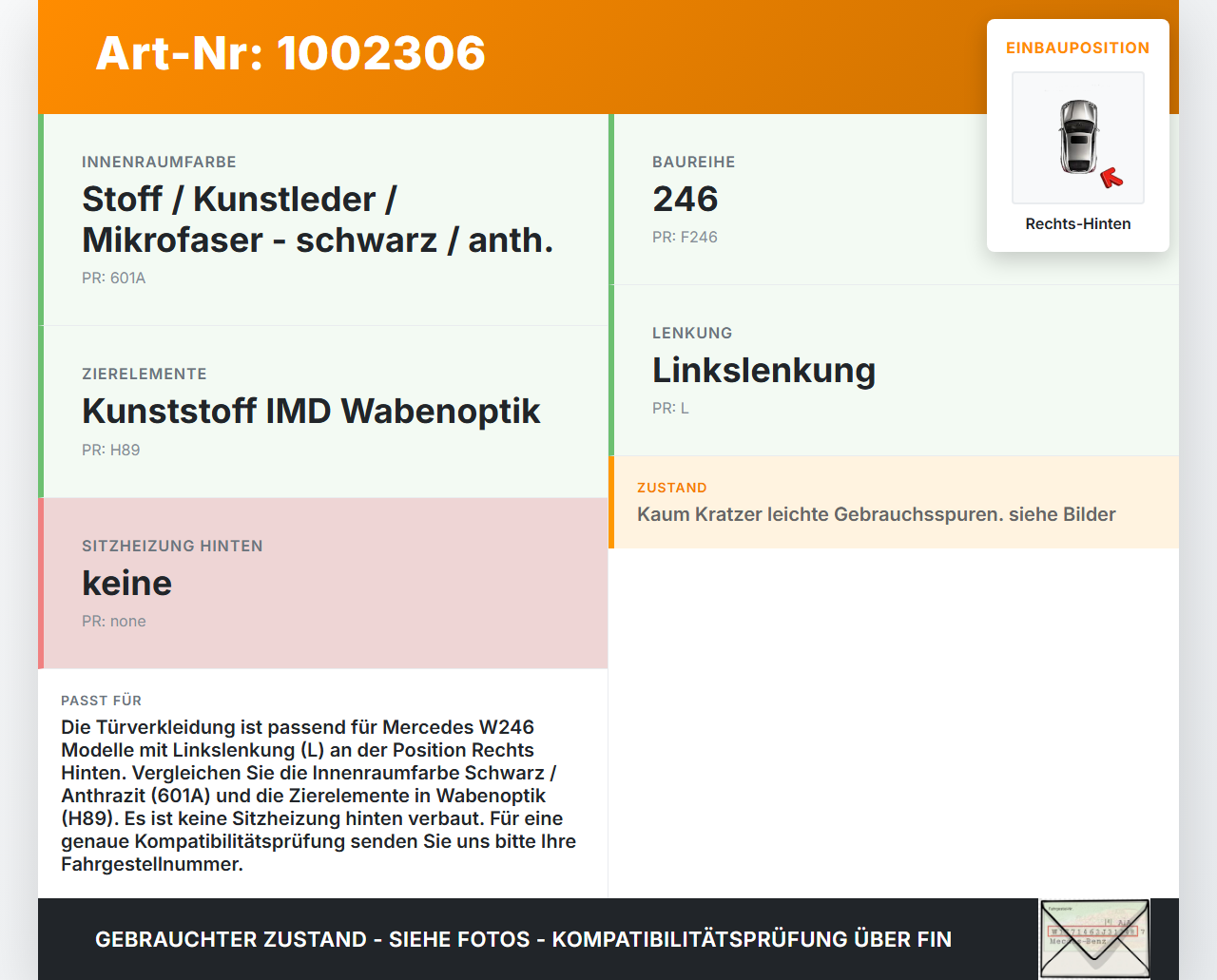 Mercedes W246 B220 11-14 Türverkleidung Türpappe Rechts Hinten Mercedes W246 B220 11-14 30.04.2013 A2467300062 gebraucht Vorschau 3