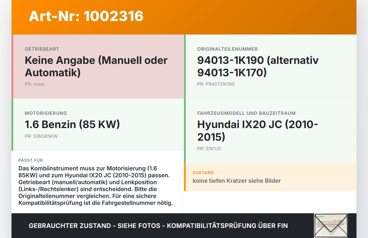 Hyundai IX20 JC 10-15 1,6 85KW Kombiinstrument Tacho Hyundai IX20 JC 10-15 07.02.2013 94013-1K190 11001-816501U... Vorschau 3