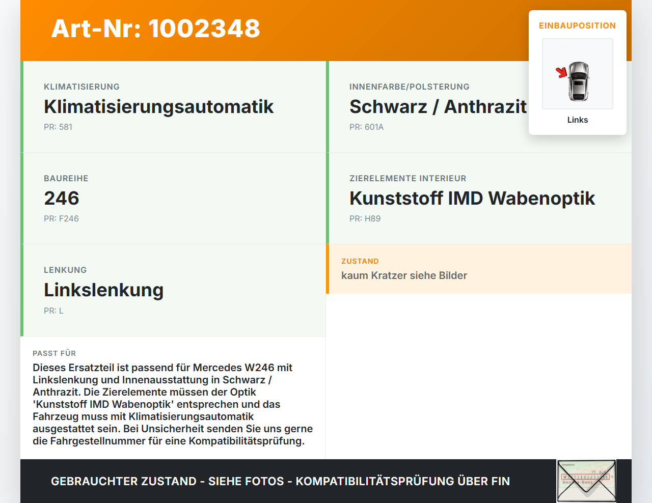 Mercedes W246 B220 11-14 Luftdusche Luftdüse Links Mercedes W246 B220 11-14 30.04.2013 A2468303900 A2468300854 gebraucht Vorschau 3